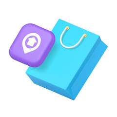 Poster - Shop store online shopping order home delivery map location badge 3d icon realistic vector illustration. Internet market supermarket GPS geolocation buying purchase goods courier shipping tracking
