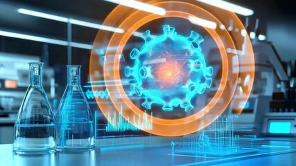 Poster - A futuristic laboratory showcases holographic imaging of a virus surrounded by glass flasks