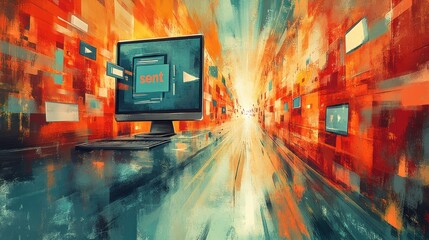 Digital message sent, vibrant network, data stream