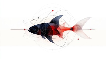 Fototapete - Abstract geometric line drawing of a fish swimming in a circular motion on an absolutely white background.