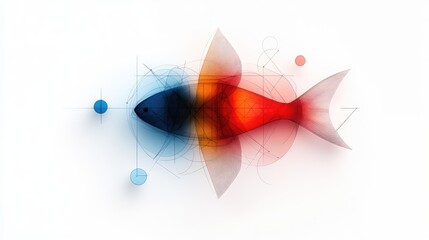 Fototapete - Abstract geometric line drawing of a fish swimming in a circular motion on an absolutely white background.