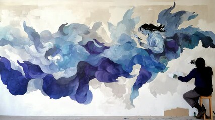 Poster - A creative artist focused on crafting a large abstract blue painting on a canvas in a studio space