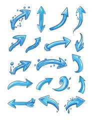Poster - water markers arrows cartoon vector set. flow liquid stream aqua direction splashes cursors pointers