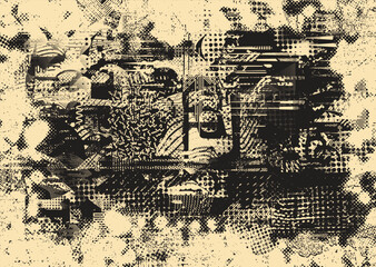 Fototapete - Background with glitch distorted grunge textures . grunge background texture with halftone dots, glitched shapes, textures and lines .Screen print vector background with grunge textured surface.