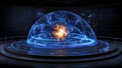 Poster - Immersive holographic dome displays simulated cosmic events in a futuristic science lab setting