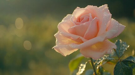 Wall Mural - close-up of a dew-kissed pink rose in morning light