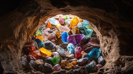Poster - Bright, multicolored crystals and stones rest in cracks and crevices of rocky tunnel walls