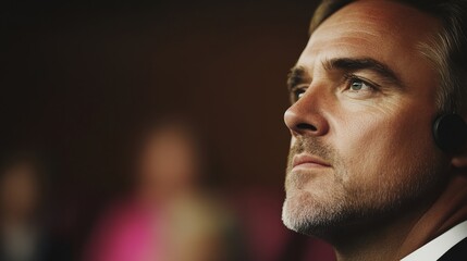 Aufkleber - A man in formal wear intently listens during a corporate meeting, showcasing concentration and engagement. Other attendees are visible in the background, softly blurred.