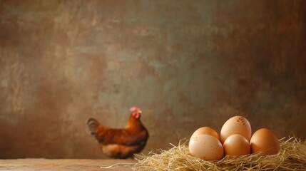 Poster - Fresh organic chicken eggs are nestled in a bed of straw with a hen standing watch in a rustic barn setting, evoking the essence of farm fresh goodness and healthy eating