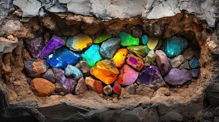 Poster - Close-up of colorful precious stones embedded in underground rock face