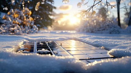 Poster - Close-up of solar panels buried under fresh snow, sunlight glinting on frozen surface