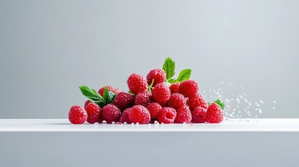 Poster - Close-up pile of organic raspberries, plump and fresh, laid out on white backdrop for food styling