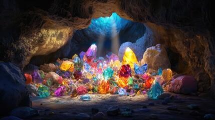 Poster - Colorful gems scattered across cave floor, light reflecting off crystal surfaces underground