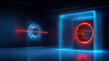 Poster - Nuclear implosion visualization in a scientific lab showcasing advanced holographic technology
