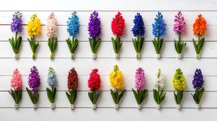 Poster - Flat lay of vibrant hyacinths arranged in rows across worn white wood planks