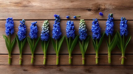 Poster - Fresh blue hyacinths in rows on a weathered wooden table, textured top-down floral scene