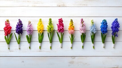 Poster - Flat lay of vibrant hyacinths arranged in rows across worn white wood planks