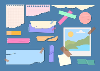 Poster - Cartoon Color Different Torn Paper and Photography for Collage Set Concept Flat Design Style. Vector illustration