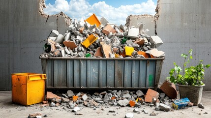 Poster - Pile of broken pavement and construction debris in open metal waste container