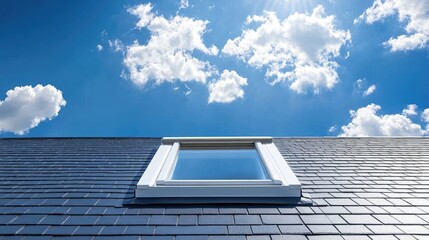 Aufkleber - Roof facade detail with navy blue shingles and square attic window with white sash