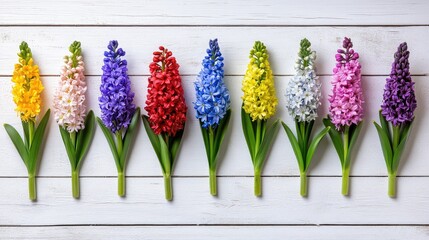 Poster - Rows of blooming hyacinths laid across white wood grain texture for rustic spring vibe