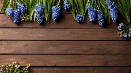 Poster - Rustic wooden background with vibrant blue hyacinths placed in orderly top-view pattern