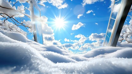 Poster - Solar panels peeking through snow on a bright winter day, resilience of green energy tech