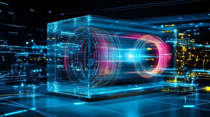 Poster - Laser beam in a transparent cube showcasing advanced tech in a conceptual lab