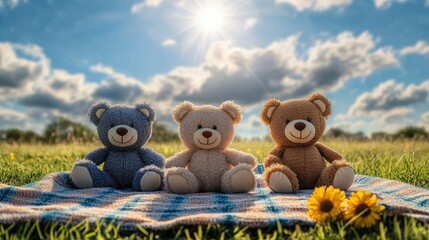 Aufkleber - Trio of teddy bears on a picnic blanket, happy plush friends with bright eyes and stitched smiles