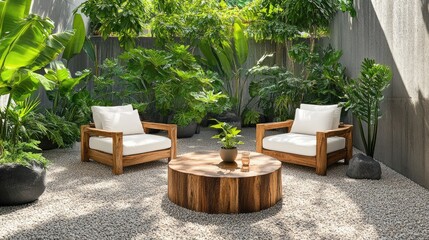 Poster - Wooden outdoor armchairs and round table on gravel patio, surrounded by potted plants, modern rustic charm