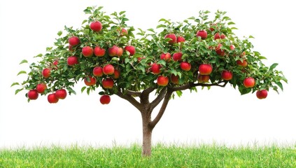 a laden apple tree with ripe red fruit, set against a white background and small patch of grass