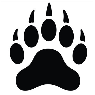 Black silhouette of a paw print with five distinct oval-shaped pads and sharp, elongated claws.