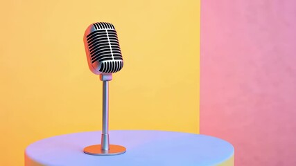 Poster - Professional microphone silhouetted against golden sunset, musical notes dancing dynamically, embodying artistic sound performance and creative musical expression