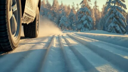 Poster - White suv driving through snow covered road at sunset, creating tire tracks against backdrop of snowy pine trees, capturing winter landscape's serene atmosphere