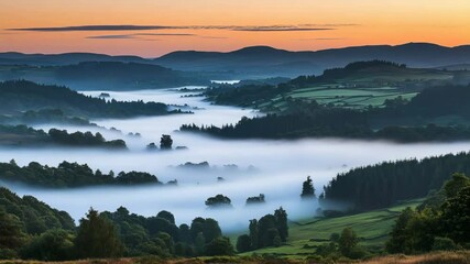 Poster - serene valley shrouded in mystical fog surrounded by lush green trees and soft atmospheric haze