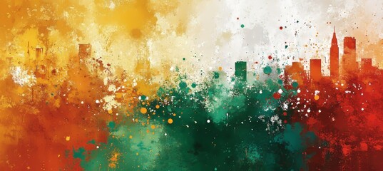 Aufkleber - Urban Splatter Abstract Cityscape in Vibrant Green, White, and Red Tones, 85 Characters
