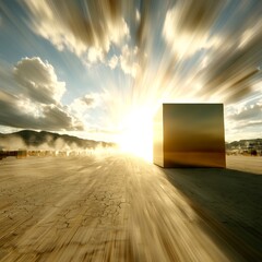 Poster - Golden Revelation: A Cube's Journey Through a Sun-Blasted Wasteland, Embracing the Light's Mystical Transformation