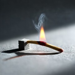Poster - Ignited: A Close-Up of a Burning Match Resting Against a Concrete Block in Moody Lighting, Showing Flame and Smoke