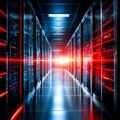 Fototapete - Illuminated Data Center: A Corridor of Servers with Flashing Red and Blue Lights Showcasing Computing Power