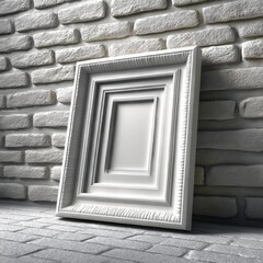 Aufkleber - Monochromatic Still Life: White Picture Frame Leaning Against a Textured Brick Wall with Cobblestone Floor