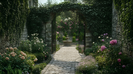  Serene Garden Path: A Tranquil Escape through Stone Arch and Roses