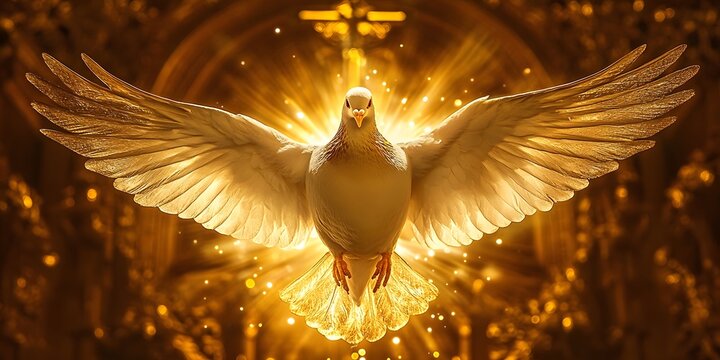 Golden dove radiating light in church