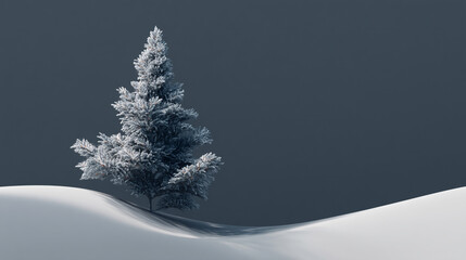 Poster - Snow-covered fir tree on white snowdrift against dark-grey background, minimalist winter scene, symbolizes serenity, peace, and winter holidays