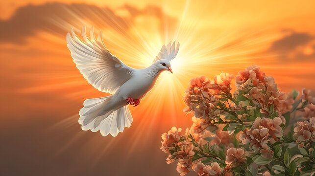 White dove flying with light rays