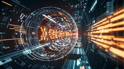 Fototapete - Journey through a mesmerizing digital tunnel filled with pulsating lights and swirling patterns in a futuristic world Generative AI