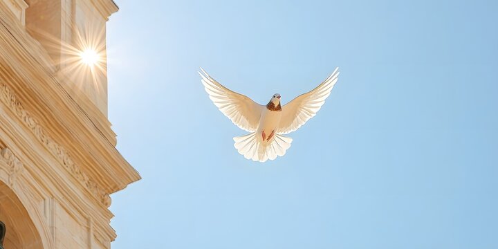 Dove flying near�church bell tower