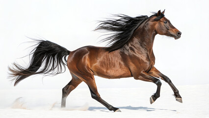 Naklejka na meble A brown horse with a black mane and tail running on a white background in a side profile view