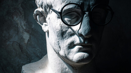 Poster - Close-up of a stone bust wearing round glasses, illuminated by dramatic lighting, showcasing intellectualism, wisdom, and classical art, ideal for historical or academic concepts