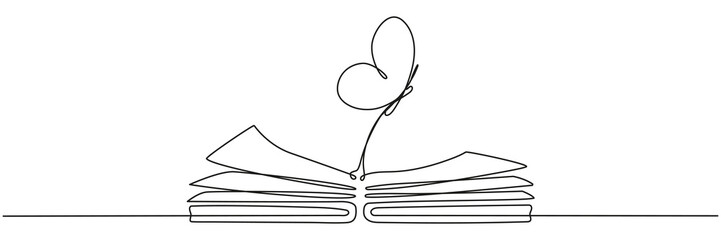 Poster - Flying butterfly with open book continuous one line drawn. Magic story concept. Vector illustration isolated on white.