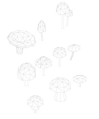 Poster - A drawing of mushrooms with a white background. Mushrooms are drawn in a similar style. Scene is one of nature. Isometric view, 3D